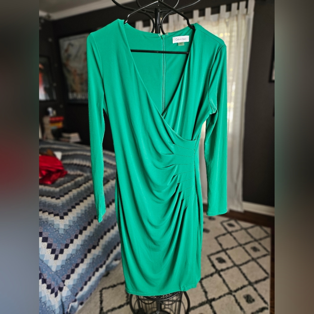 Calvin Klein Vibrant Green Long Sleeve Faux Wrap Dress